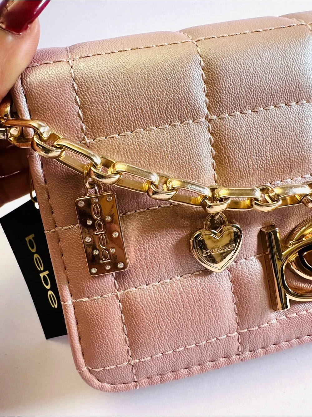NWT BEBE Jacari Iridescent Mauve Quilted Charm Crossbody Bag ✨